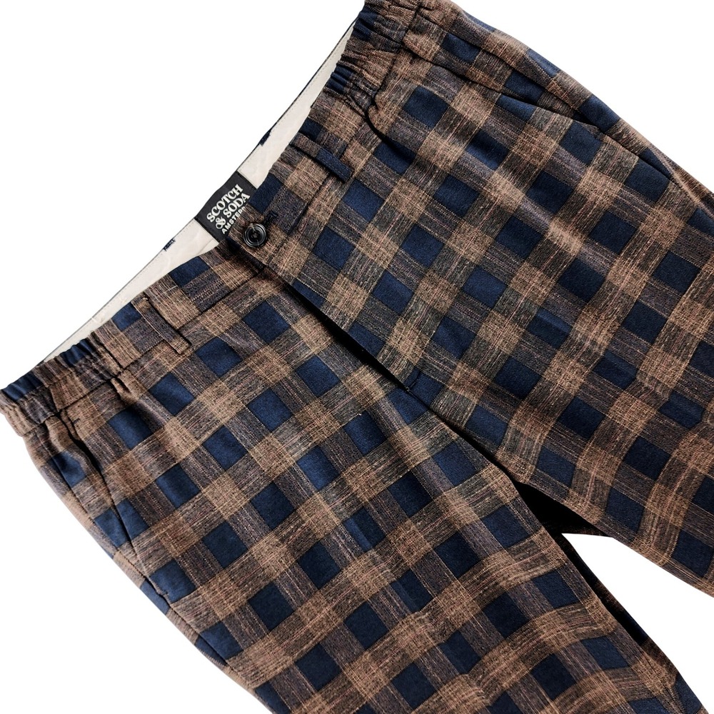 Scotch & Soda Plaid Trousers Mens 32/30 Navy Brown Slim Tapered Textured Pants